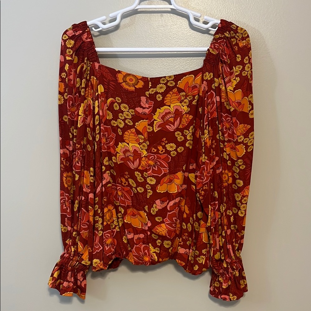 Easel Los Angeles Floral Long Sleeve Red and Orange Square Neck Longsleeve Sz 3X - Picture 2 of 10